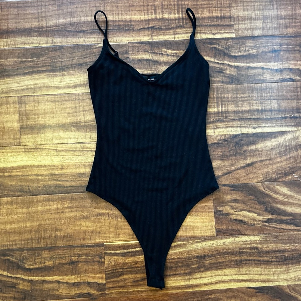 Aqua Black Ribbed V-Neck Tank Top Bodysuit